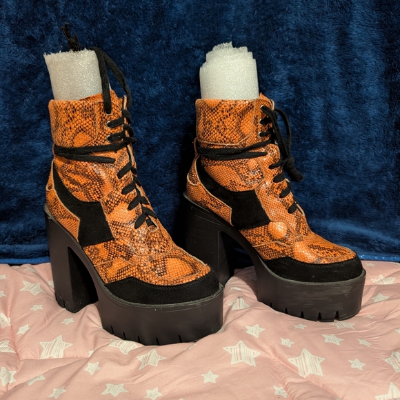 Lemonade Shoes - Chunky Platform Lace-Up Boots - Orange and Black
